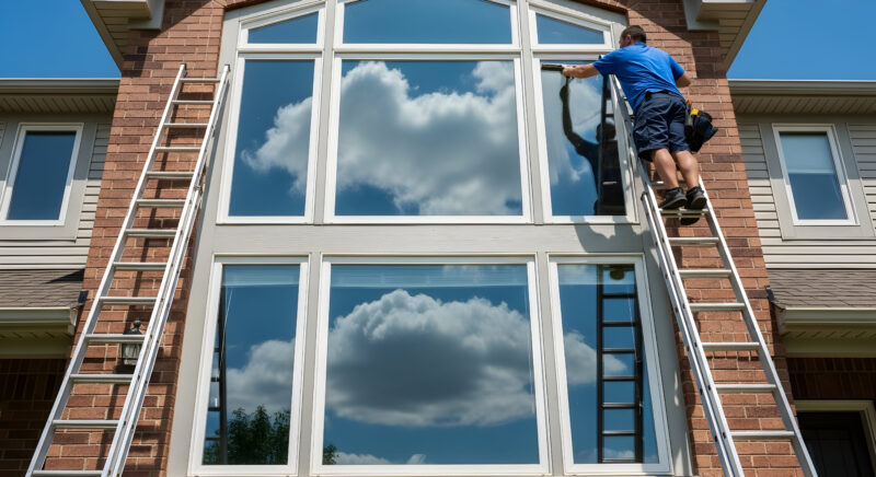 Professional window cleaning service for a large residential house on a bright sunny day, with a man on a ladder meticulously cleaning the sparkling windows. Professional window cleaning service for a large residential house on a bright sunny day, with a man on a ladder meticulously cleaning the sparkling windows.