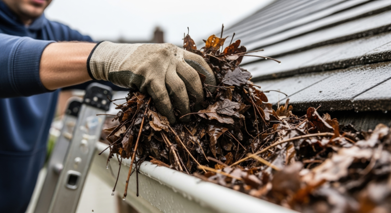 Man cleaning leaves from gutter while using gloves on rooftop Man cleaning leaves from gutter while using gloves on rooftop