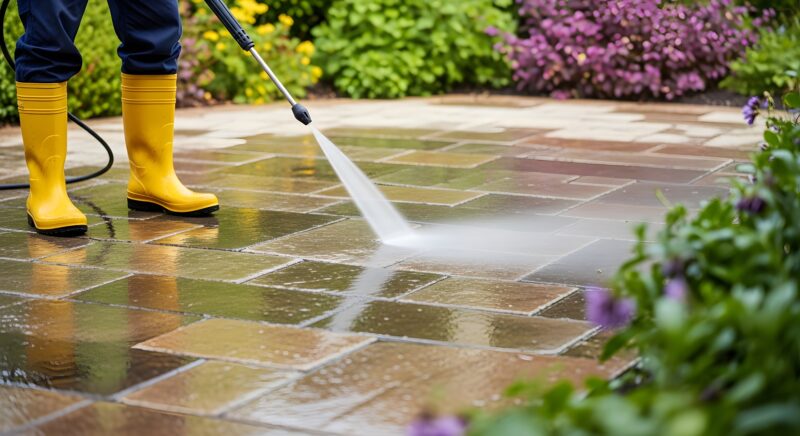 Close-up of person pressure washing patio stones with yellow boots and spray Close-up of person pressure washing patio stones with yellow boots and spray