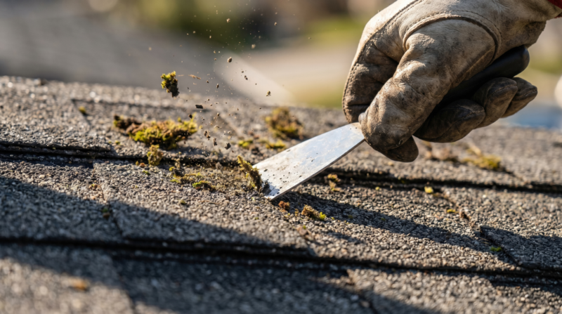 Roof Moss Removal Service Using Scraper Tool on Asphalt Shingles for Home Maintenance and Exterior Cleaning Project Roof Moss Removal Service Using Scraper Tool on Asphalt Shingles for Home Maintenance and Exterior Cleaning Project